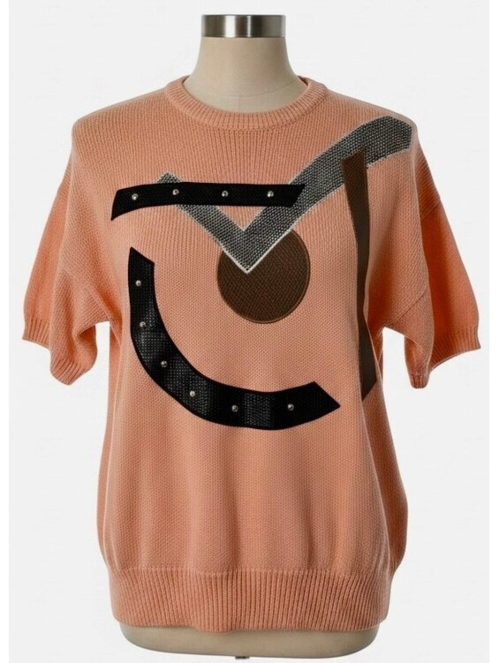 Vintage Maori Bee Ramie Cotton Sweater Geometric Studded Pink Korea M